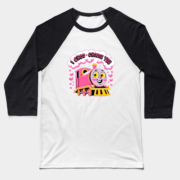 I Choo-Choose You: Adorable Pink Train Valentine's Day Baseball T-Shirt by Retro Travel Design